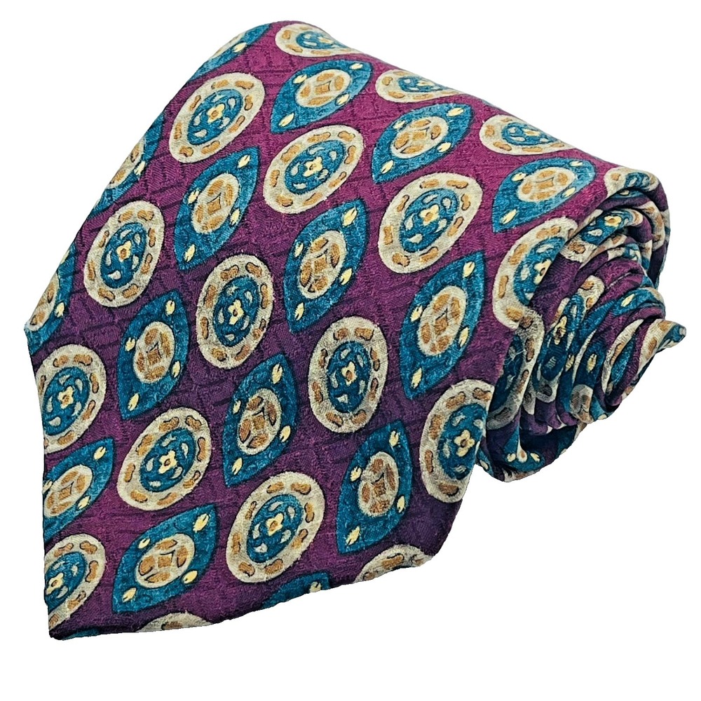 Vintage Chaps Ralph Lauren Silk Men's 59" Necktie Burgundy Geometric Medallions